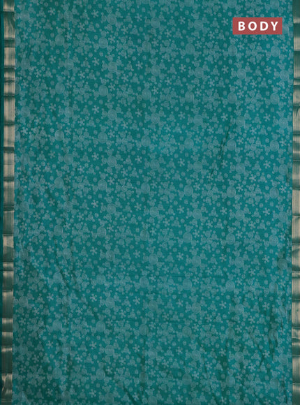 Semi raw silk saree teal green with allover geometric prints and zari woven border
