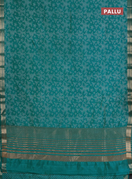 Semi raw silk saree teal green with allover geometric prints and zari woven border