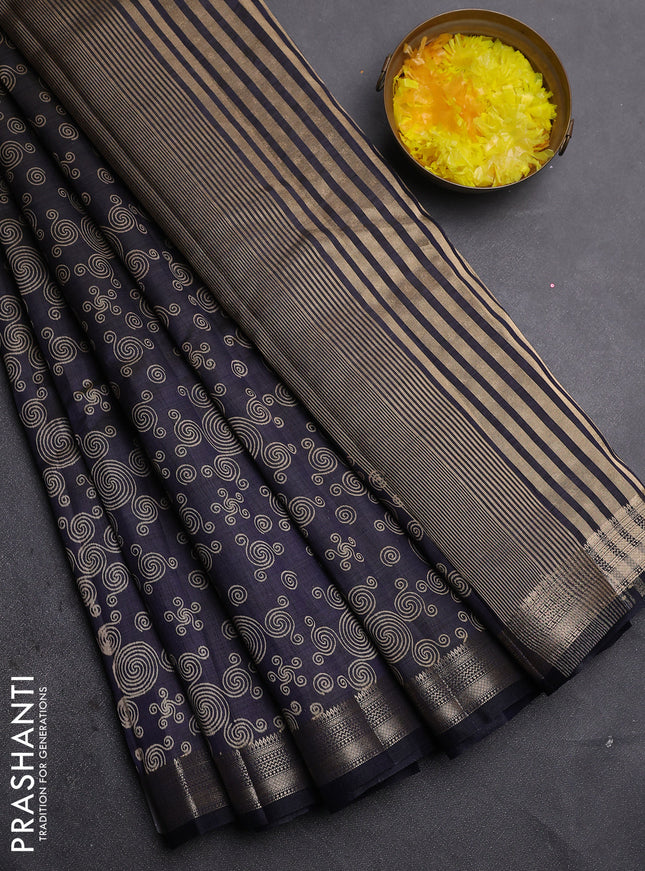 Semi raw silk saree black with allover geometric prints and zari woven border