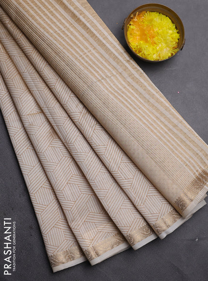 Semi raw silk saree cream with allover geometric prints and zari woven border