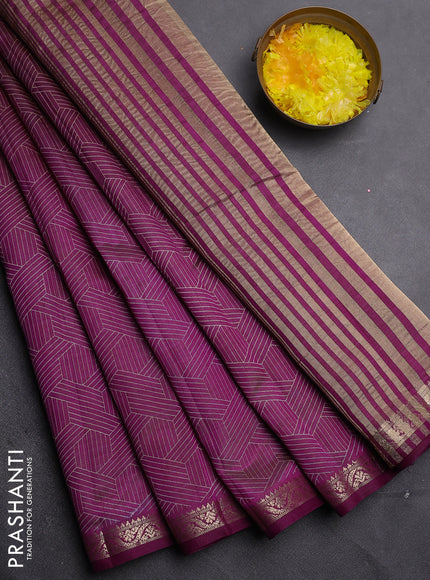 Semi raw silk saree deep purple with allover geometric prints and zari woven border