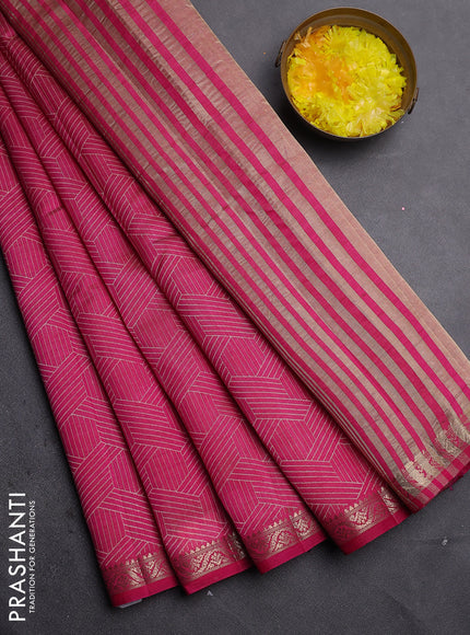 Semi raw silk saree dark pink with allover geometric prints and zari woven border