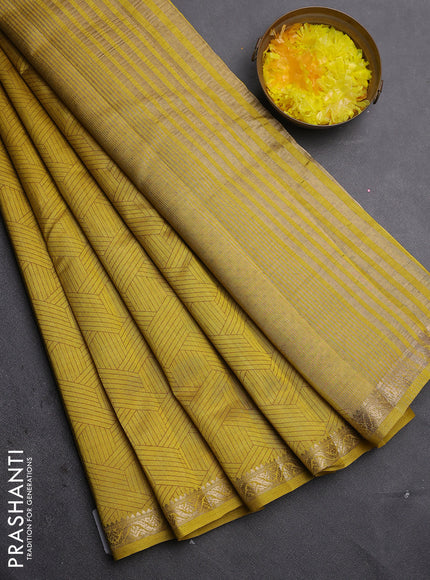 Semi raw silk saree lime yellow with allover geometric prints and zari woven border