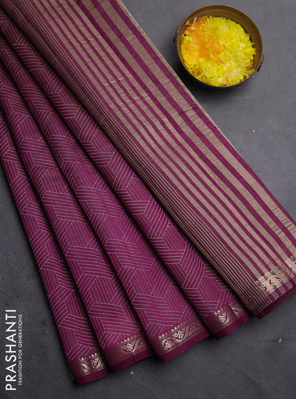 Semi raw silk saree deep purple with allover geometric prints and zari woven border