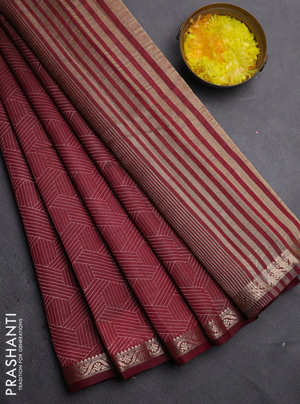 Semi raw silk saree maroon with allover geometric prints and zari woven border