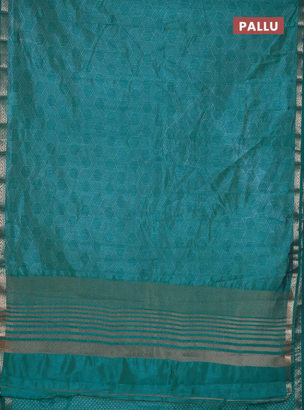 Semi raw silk saree teal blue with allover geometric prints and zari woven border