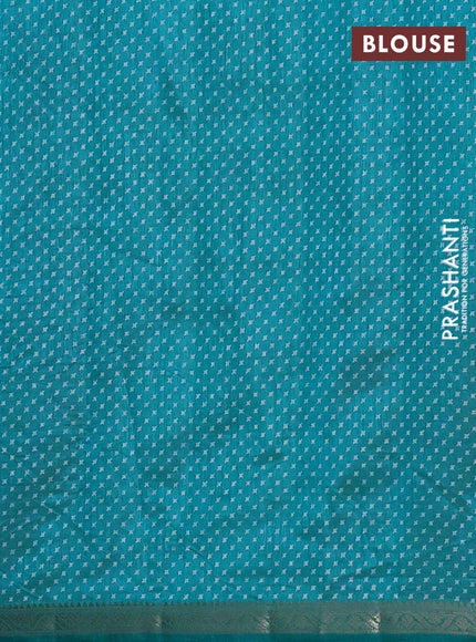 Semi raw silk saree teal blue with allover geometric prints and zari woven border
