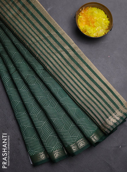 Semi raw silk saree bottle green with allover geometric prints and zari woven border