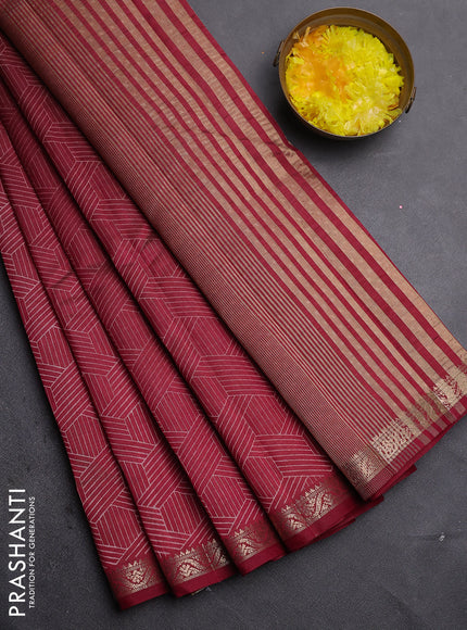 Semi raw silk saree maroon with allover geometric prints and zari woven border