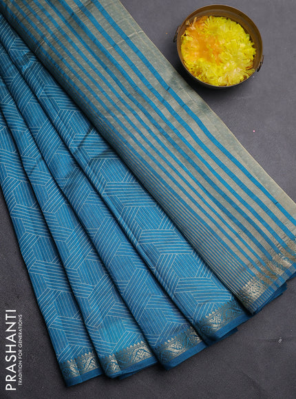 Semi raw silk saree cs blue with allover geometric prints and zari woven border