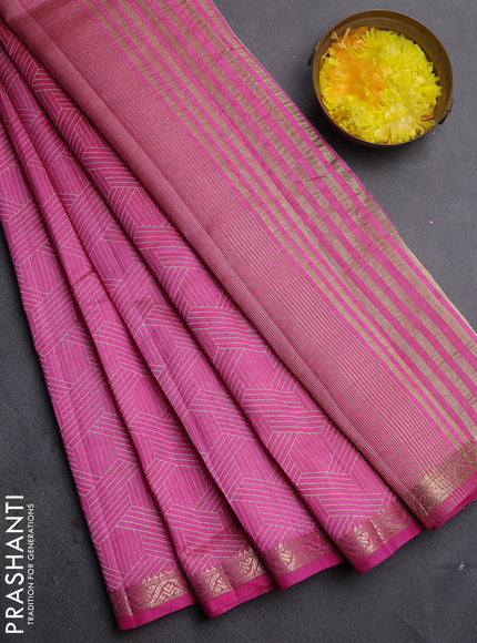 Semi raw silk saree pink with allover geometric prints and zari woven border