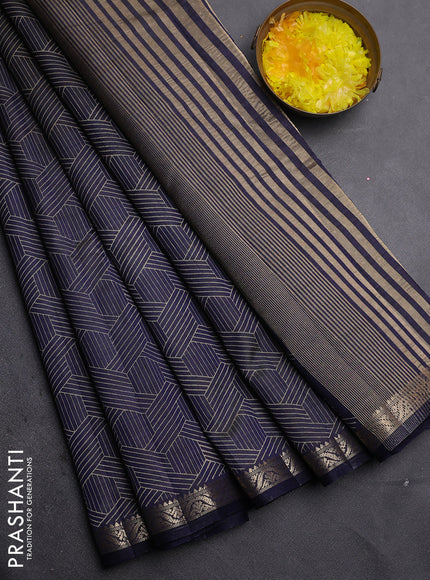 Semi raw silk saree navy blue with allover geometric prints and zari woven border