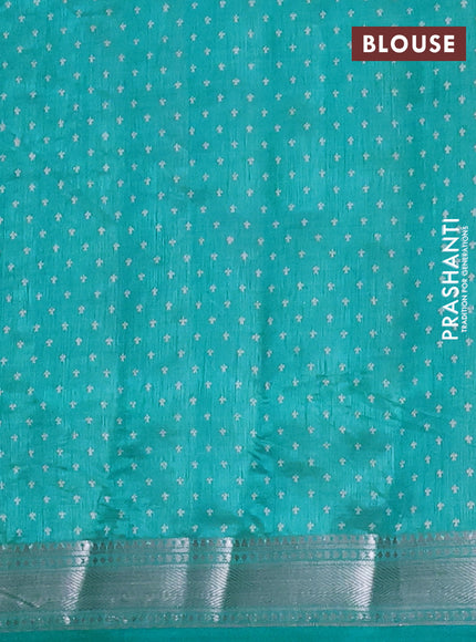 Semi raw silk saree teal blue with allover zigzag prints and zari woven border