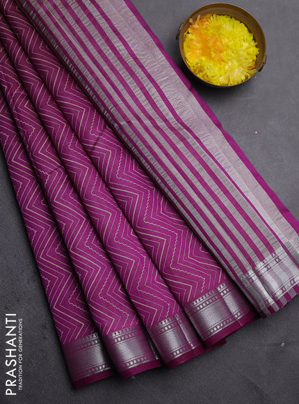 Semi raw silk saree deep purple with allover zigzag prints and zari woven border
