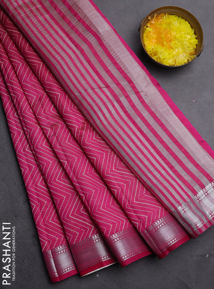 Semi raw silk saree dark pink with allover zigzag prints and zari woven border