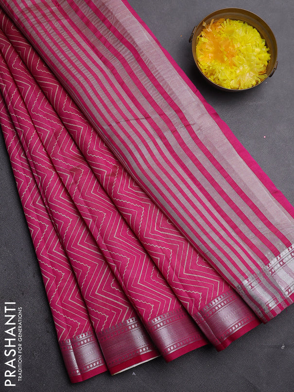 Semi raw silk saree dark pink with allover zigzag prints and zari woven border