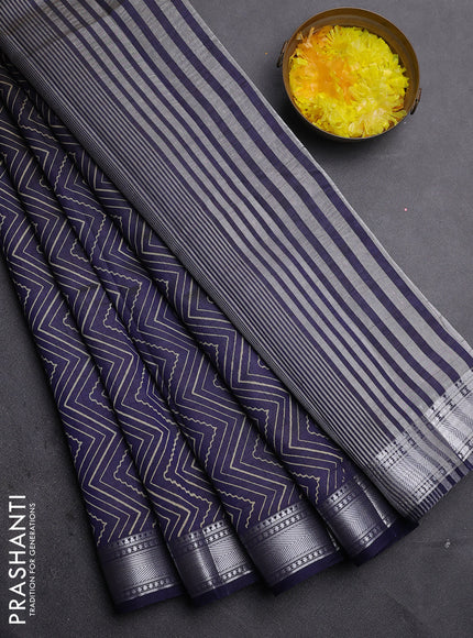 Semi raw silk saree navy blue with allover zigzag prints and zari woven border