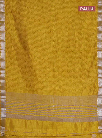 Semi raw silk saree lime yellow with allover zigzag prints and zari woven border