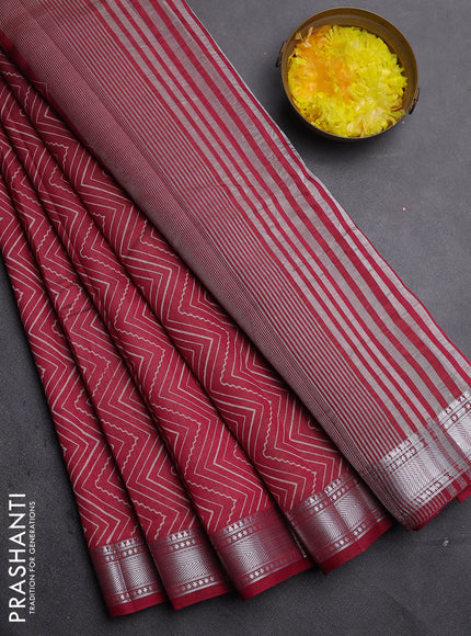 Semi raw silk saree maroon with allover zigzag prints and zari woven border