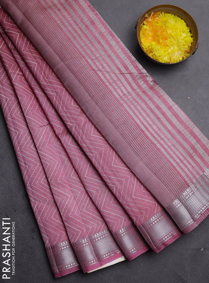 Semi raw silk saree mauve pink with allover zigzag prints and zari woven border
