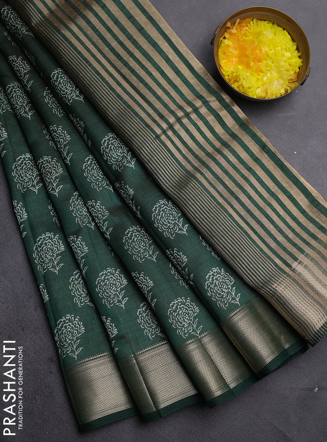 Semi raw silk saree bottle green with allover floral prints and zari woven border