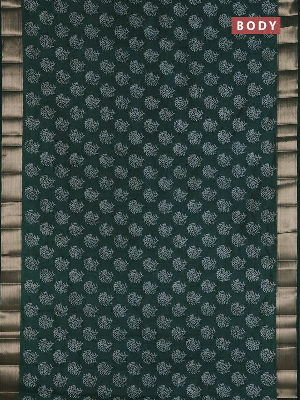 Semi raw silk saree bottle green with allover floral prints and zari woven border