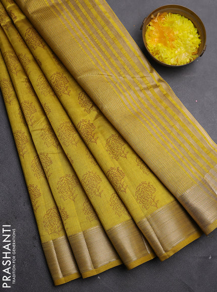 Semi raw silk saree lime yellow with allover floral prints and zari woven border