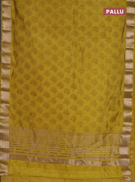 Semi raw silk saree lime yellow with allover floral prints and zari woven border