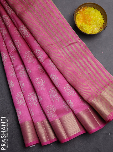 Semi raw silk saree light pink with allover floral prints and zari woven border