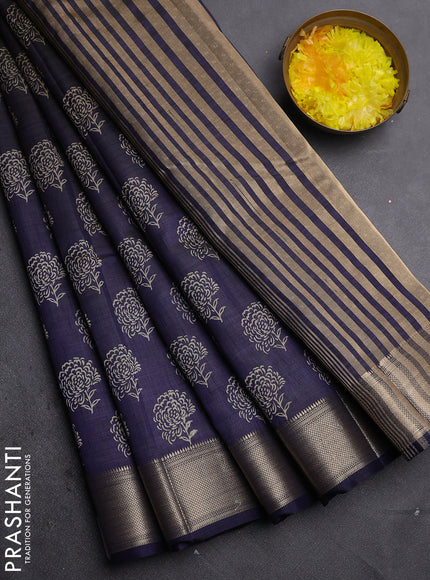 Semi raw silk saree navy blue with allover floral prints and zari woven border