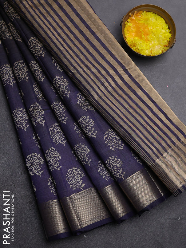 Semi raw silk saree navy blue with allover floral prints and zari woven border