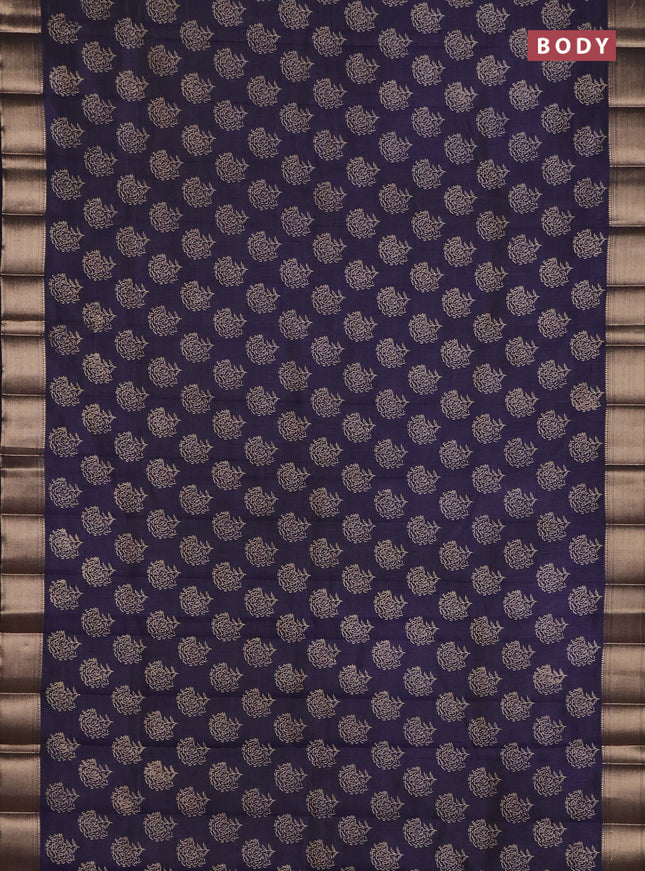 Semi raw silk saree navy blue with allover floral prints and zari woven border