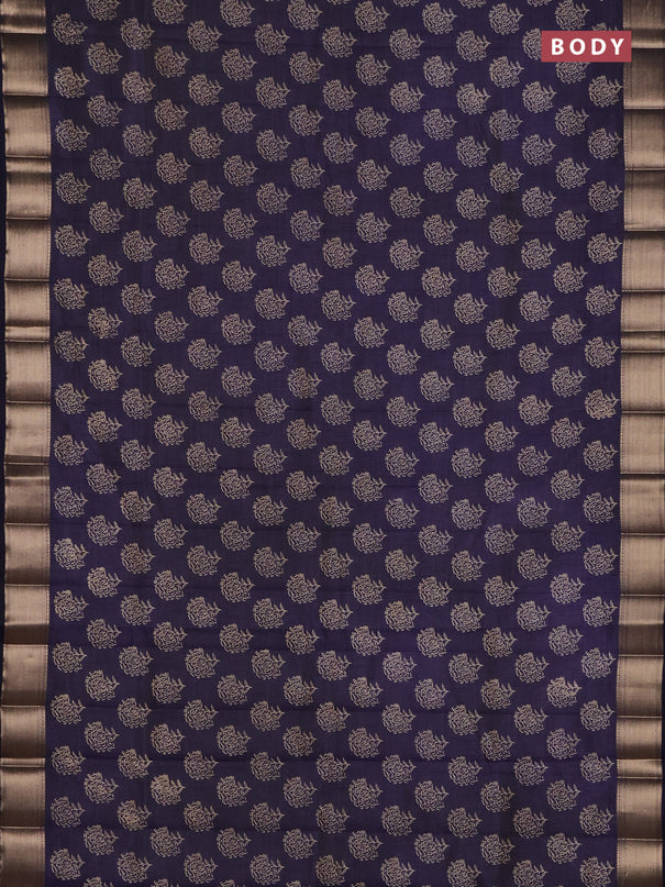 Semi raw silk saree navy blue with allover floral prints and zari woven border