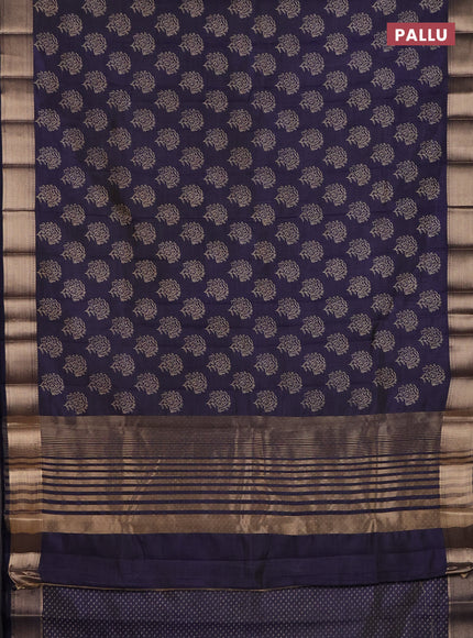Semi raw silk saree navy blue with allover floral prints and zari woven border