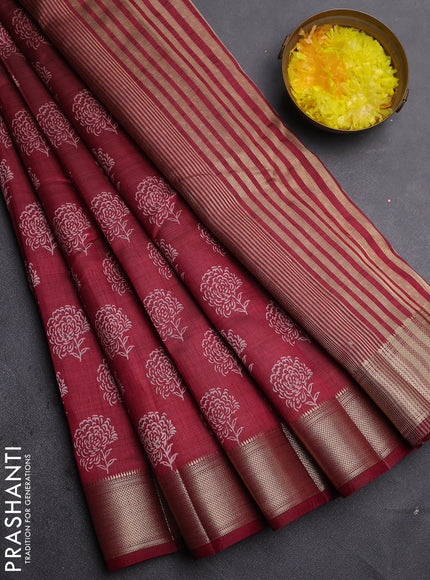 Semi raw silk saree maroon with allover floral prints and zari woven border