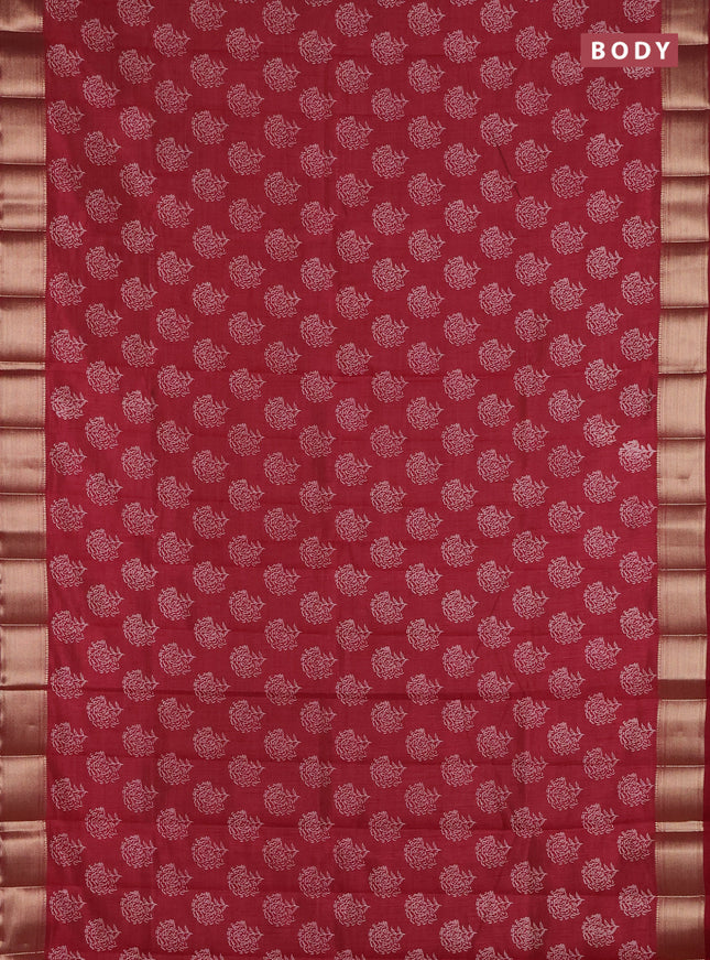Semi raw silk saree maroon with allover floral prints and zari woven border