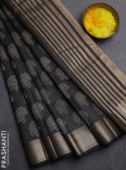 Semi raw silk saree black with allover floral prints and zari woven border