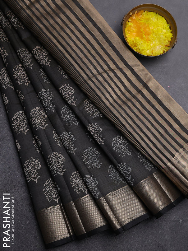 Semi raw silk saree black with allover floral prints and zari woven border