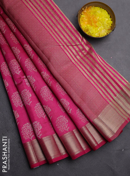 Semi raw silk saree dark pink with allover floral prints and zari woven border