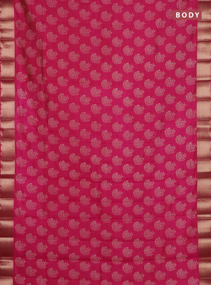 Semi raw silk saree dark pink with allover floral prints and zari woven border