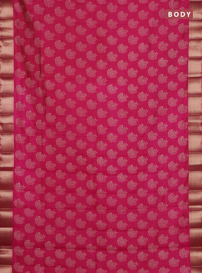 Semi raw silk saree dark pink with allover floral prints and zari woven border