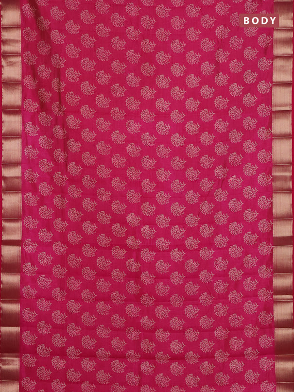 Semi raw silk saree dark pink with allover floral prints and zari woven border
