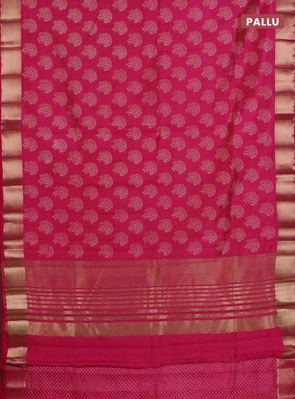 Semi raw silk saree dark pink with allover floral prints and zari woven border