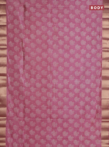 Semi raw silk saree mauve pink with allover floral prints and zari woven border