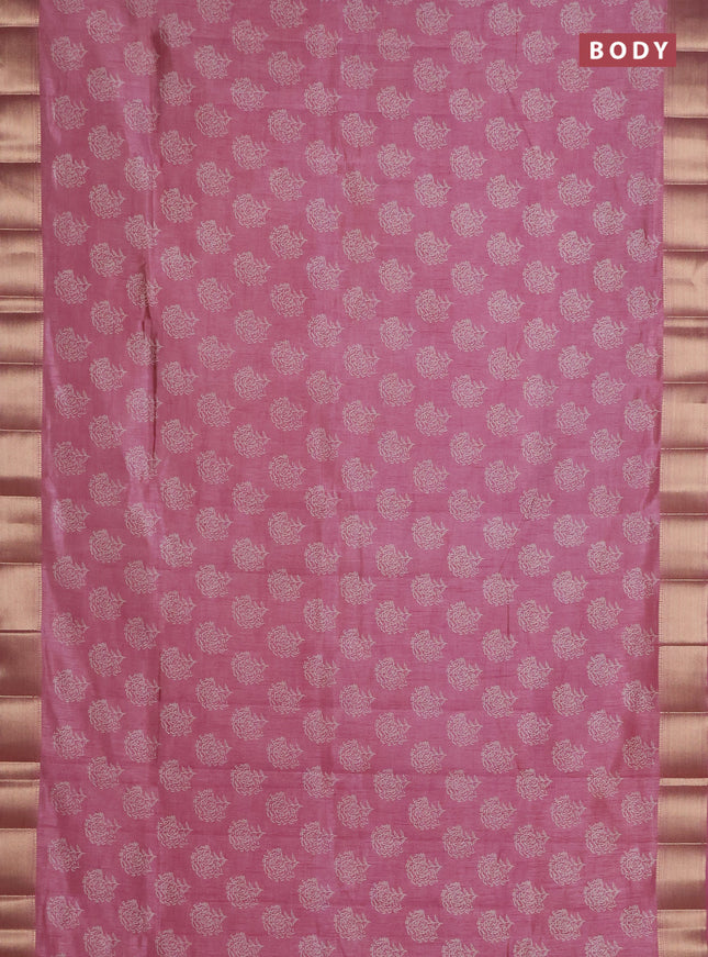 Semi raw silk saree mauve pink with allover floral prints and zari woven border