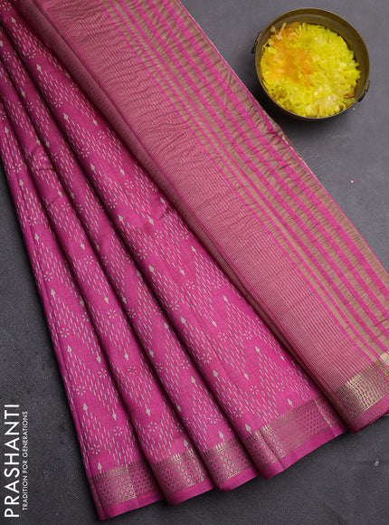 Semi raw silk saree pink with allover zigzag prints and zari woven border