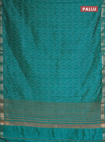 Semi raw silk saree teal blue with allover zigzag prints and zari woven border