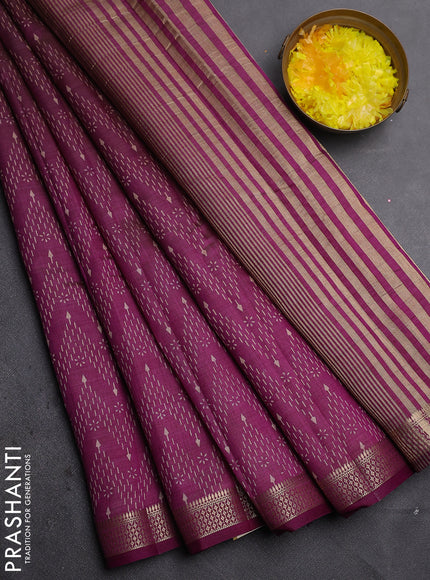 Semi raw silk saree deep purple with allover zigzag prints and zari woven border