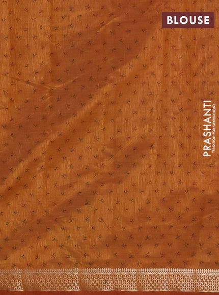 Semi raw silk saree dark mustard with allover zigzag prints and zari woven border