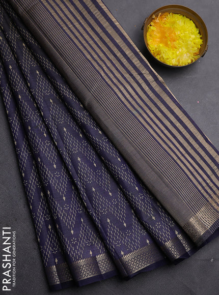 Semi raw silk saree navy blue with allover zigzag prints and zari woven border